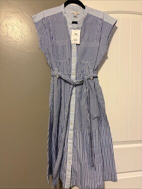 Frame Denim Blue Stripe Midi Shirtdress with Belt